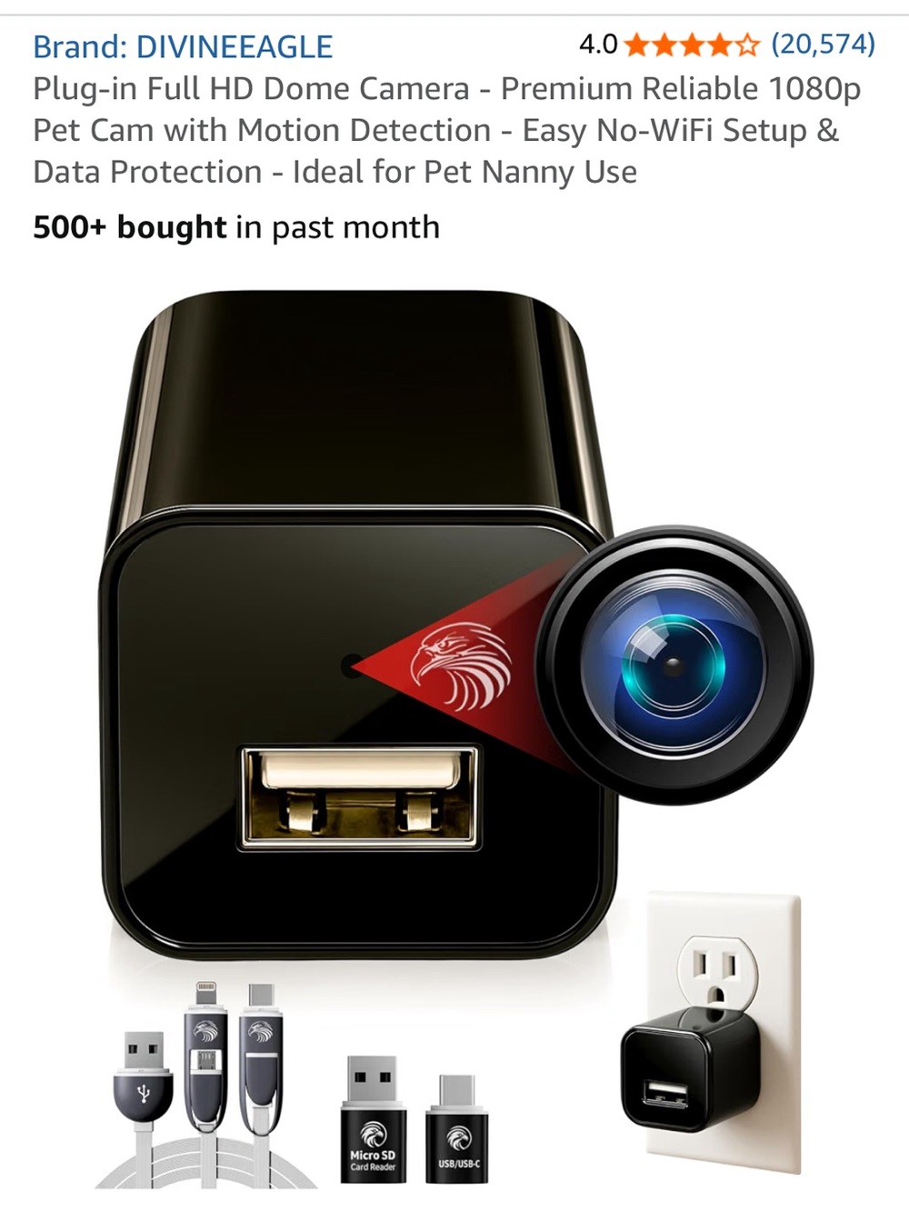 Divine eagle Black USB Wall Charger Hidden Camera - Discreet Home Surveillance